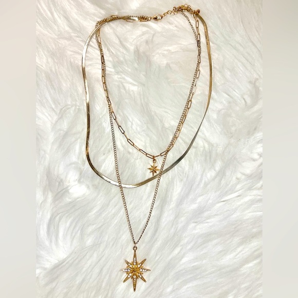 New Multi Layered Gold Necklace Star Crystal Pendant 3 Strands Chain Link Choker - Picture 1 of 11